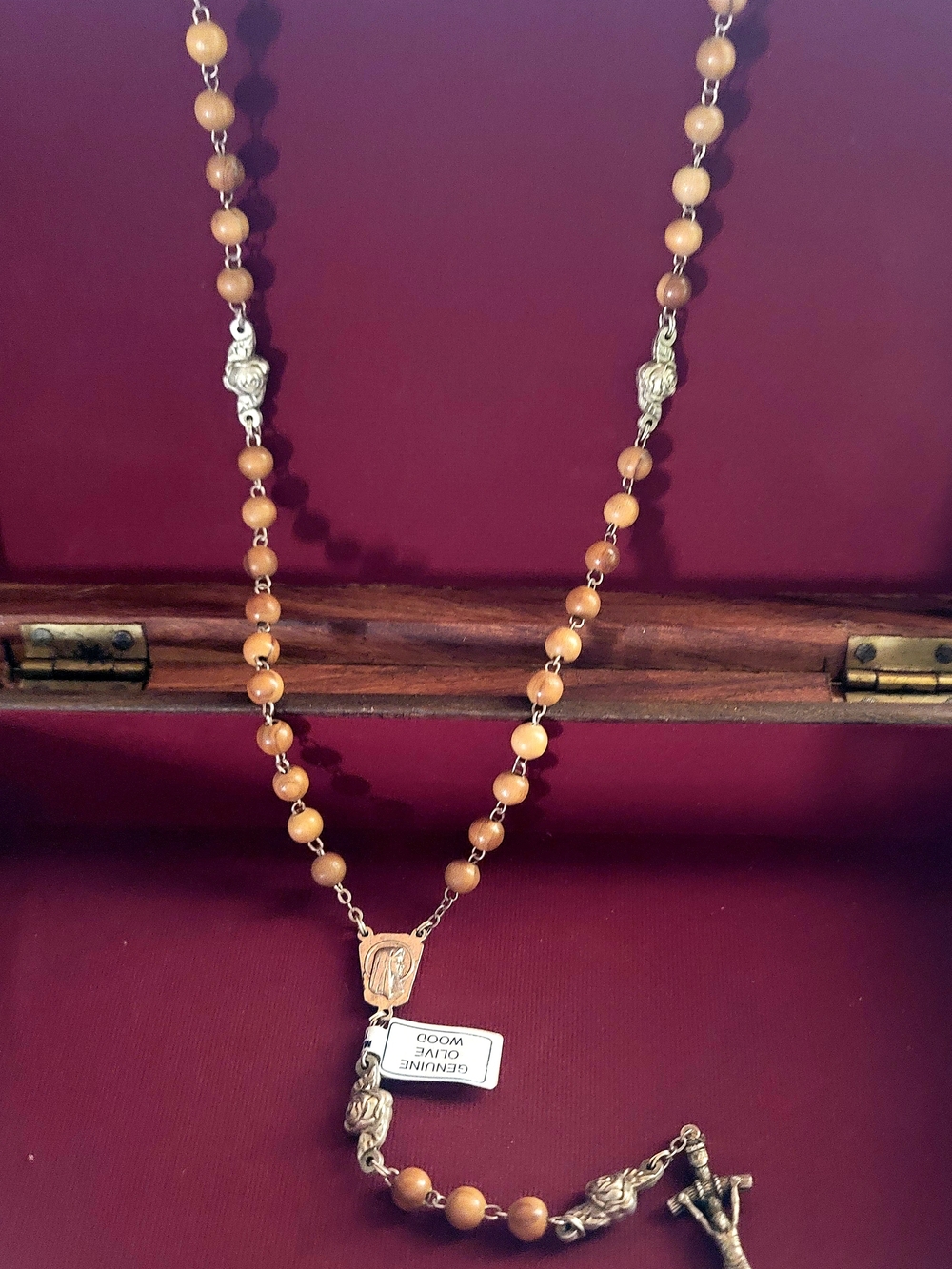 Genuine Olive Wood Bead Rosary Necklace in Warm Brown